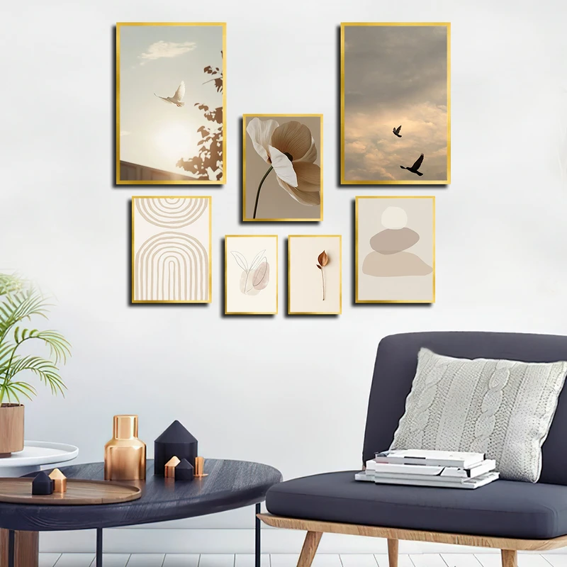 تابلو بکلیت طرح نقاشی مینیمال و آسمان و پرنده مدل T-3738 فریم طلایی مجموعه 7 عددی