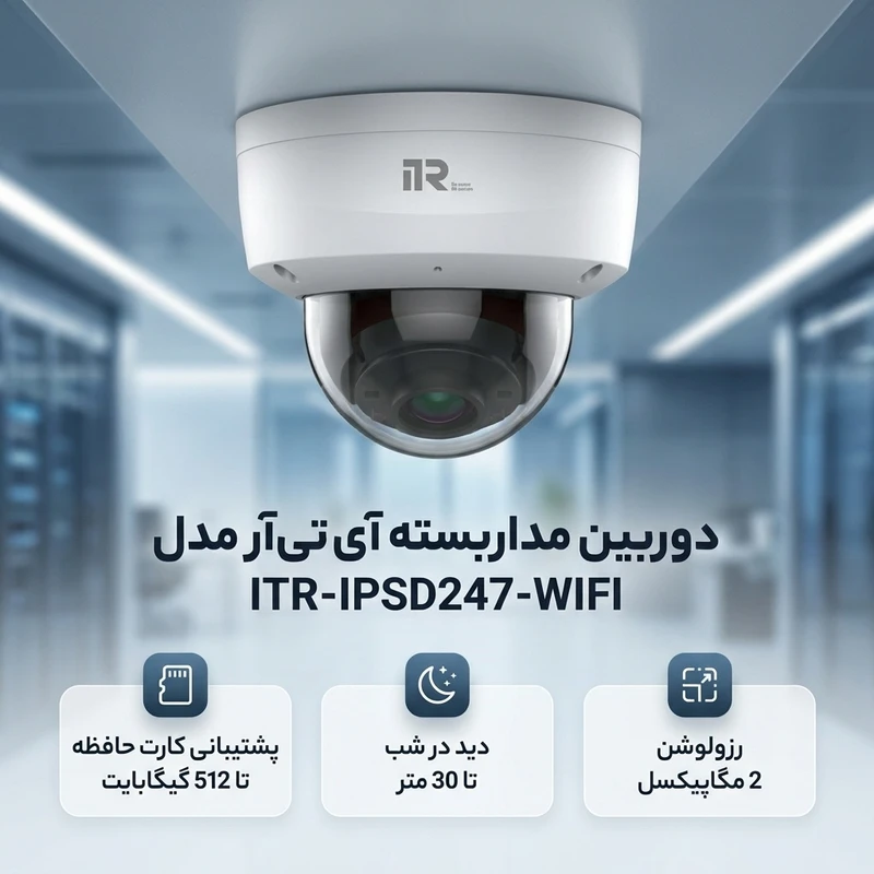 عکس شماره 2 : دوربین مداربسته تحت شبکه آی تی آر مدل itr-ipsd247-wifi با اتصال بی سیم و باسیم، رزولوشن 2 مگاپیکسل 1920x1080، دید در شب تا 30 متر، استاندارد ip67ik10، پشتیبانی از کارت حافظه تا 512gb، قابلیت smart defog، digital wdr، vca، میکروفون داخلی و poe