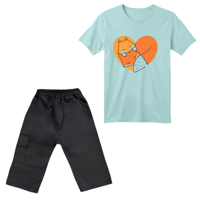 ست تی‌شرت آستین کوتاه و شلوارک دخترانه مدل دو روباه