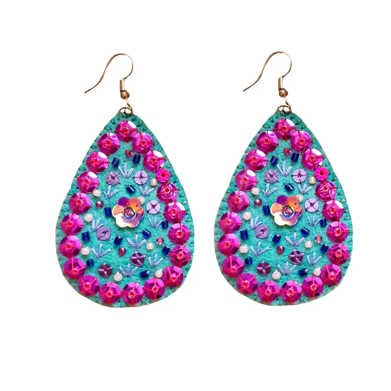 گوشواره زنانه مدل جواهردوزی و گلدوزی فیروزه