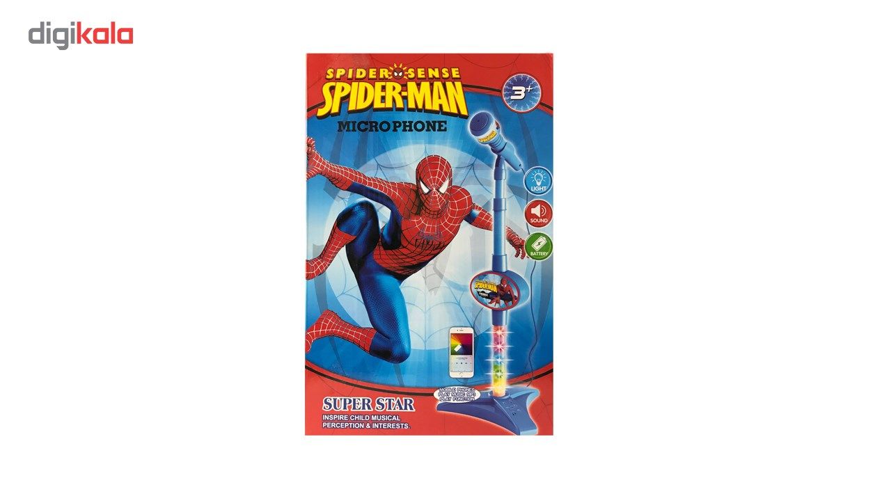 میکروفن اسباب بازی پایه دار مدل spider-man با قابلیت اتصال به موبایل و پخش همزمان صدا و موسیقی