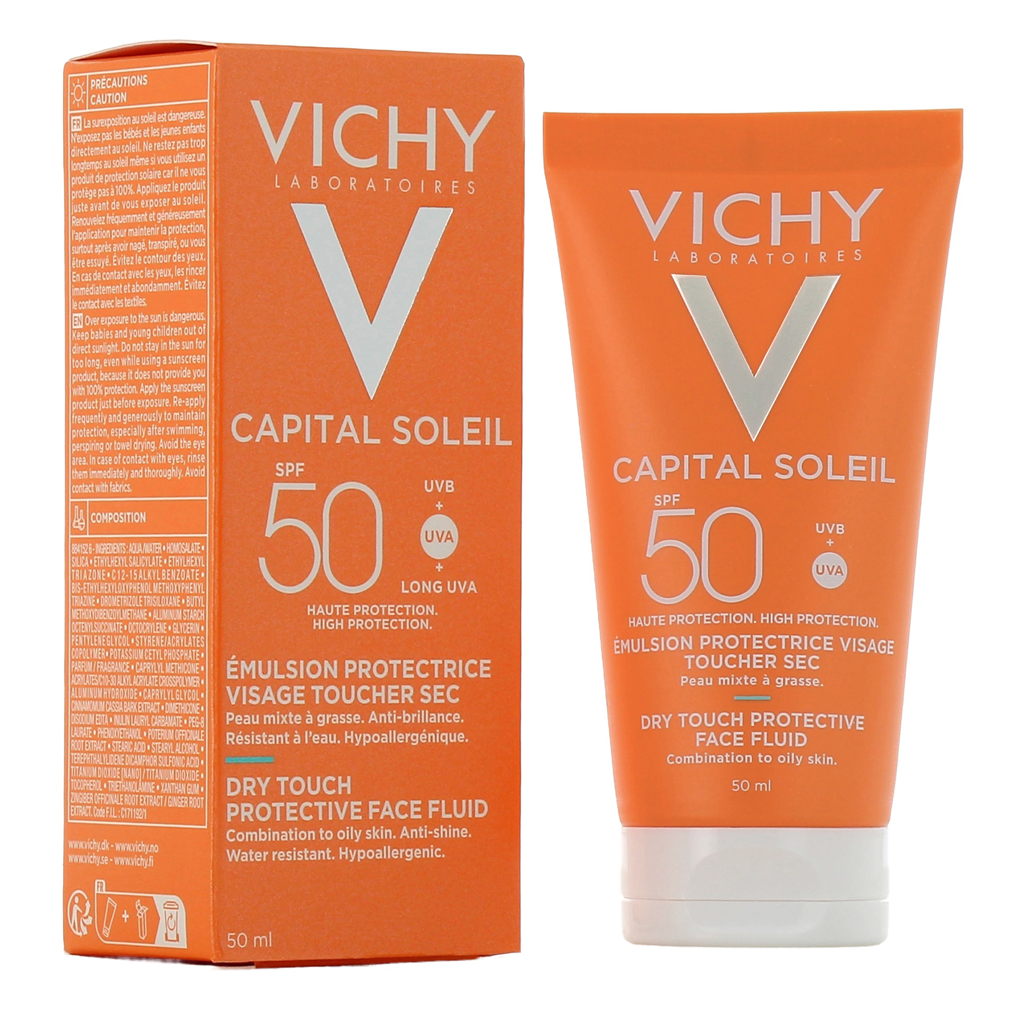 کرم ضد آفتاب بدون رنگ ویشی SPF 50 مدل Dry Touch مناسب پوستهای چرب و مختلط حجم 50 میلیلیتر