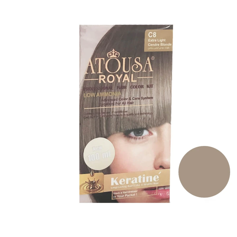 کیت رنگ مو آتوسا رویال شماره C8 حجم 100 میلی لیتر رنگ بلوند دودی خیلی روشن
