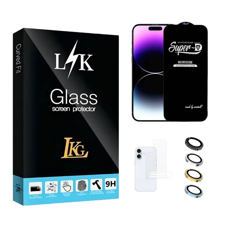 محافظ صفحه نمایش ال کا جی مدل انتی استاتیک مناسب برای گوشی موبایل اپل iPhone 16 به همراه محافظ پشت گوشی و محافظ لنز