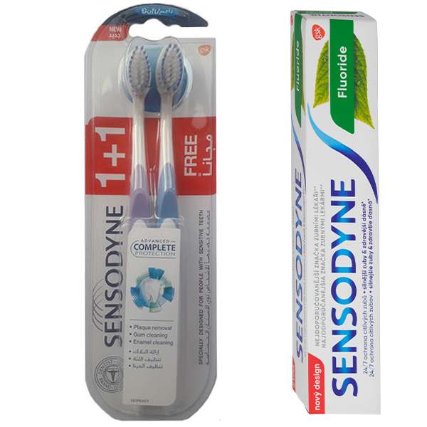 خمیر دندان سنسوداین مدل Fluoride حجم 75 میلی لیتر به همراه مسواک سنسوداین مدل Complete  با برس نرم بسته 2 عددی