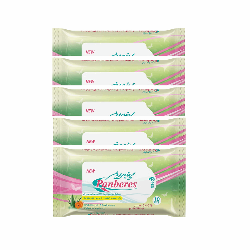 دستمال مرطوب پاک کننده دست و صورت پنبه ریز بسته 5 عددی