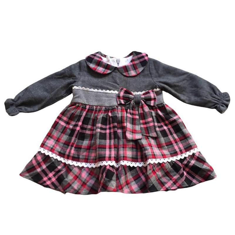 پیراهن دخترانه مدل چهارخانه پشمی کشمیر رنگ طوسی تیره