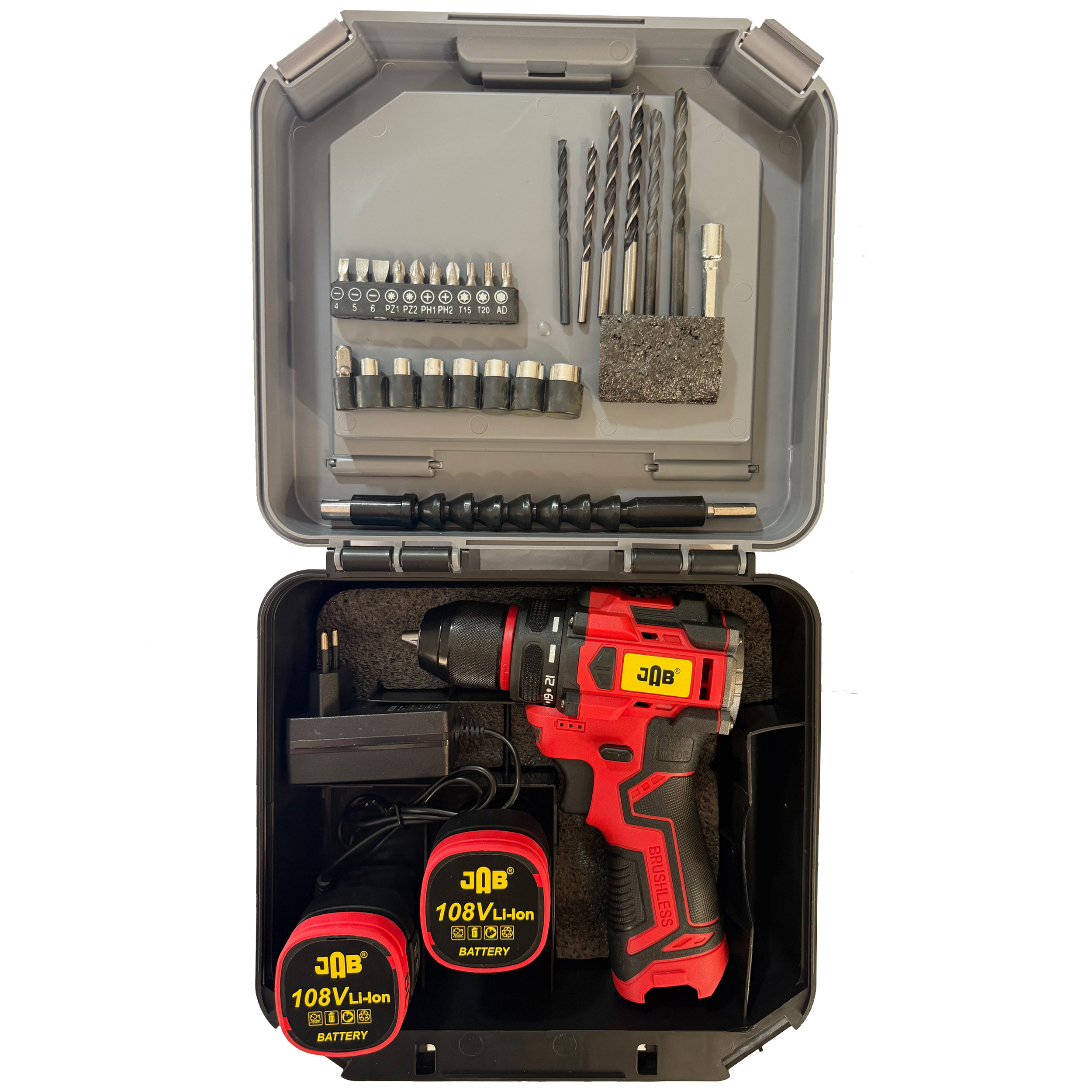 پیچ گوشتی شارژی سه نظام فلزی ۱۰ میلیمتری 108 ولت جاب مدل JB-108 Eco Plus مجموعه 40 عددی پیچ گوشتی شارژی سه نظام فلزی ۱۰ میلیمتری 108 ولت جاب مدل JB-108 Eco Plus مجموعه 40 عددی