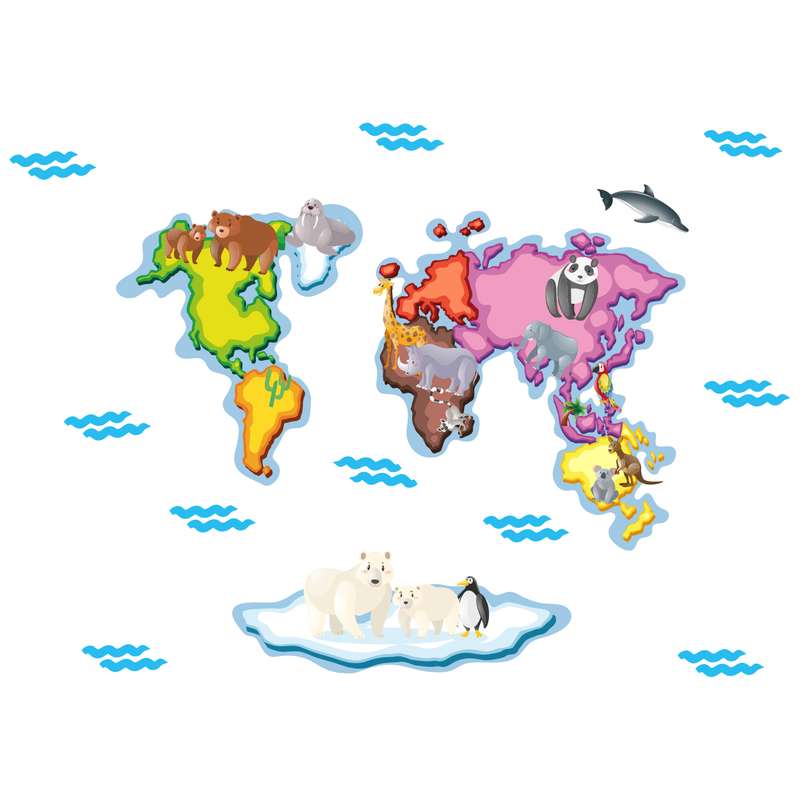 استیکر دیواری کودک مدل نقشه حیوانات جهان کد 9060