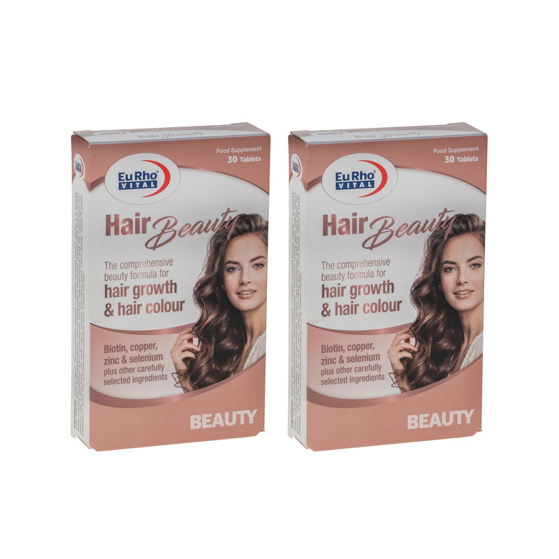 مکمل تقویت پوست، مو و ناخن یوروویتال مدل Hair Beauty بسته 60 عددی، حاوی ویتامین A، C، بیوتین، روی و مس، جلوگیری از ریزش و نازک شدن مو، رشد مجدد و تثبیت رنگ مو، تقویت و کاهش شکنندگی ناخن‌ها