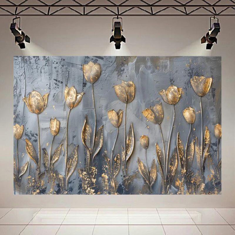 تابلو بوم طرح مخمل گل های لاله مدل طلایی کد PD20492