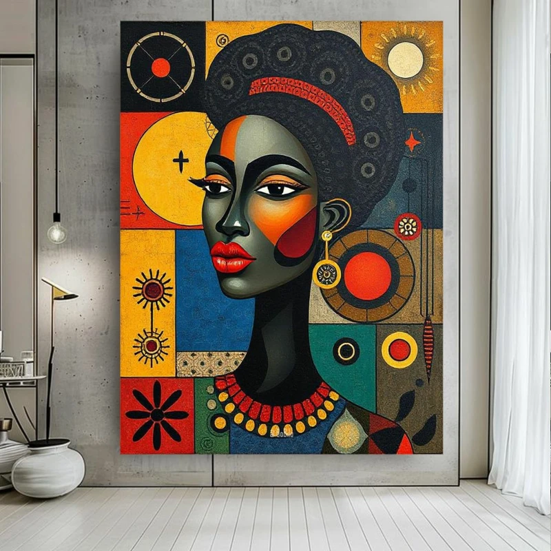 پوستر پارچه ای طرح مخمل نقاشی چهره مدل بانوی آفریقایی کد BK24810