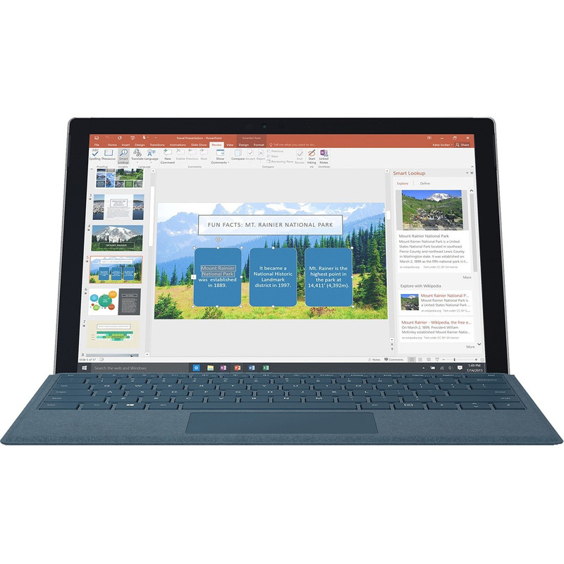 تصویر تبلت مایکروسافت مدل Surface Pro 2017 – C به همراه کیبورد سیگنیچر رنگ آبی کبالت و کیف چرم صنوبر – ظرفیت 256 گیگابایت