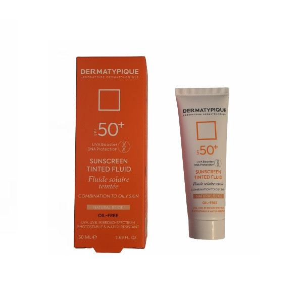 فلوئید رنگی ضد آفتاب درماتیپیک مدل SPF50 محافظ UVA ،UVB، ضد آب، تنظیم ترشح چربی پوست، مناسب پوست‌‌های چرب و مختلط حجم 50 میلی‌لیتر