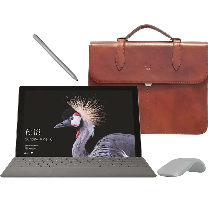 تبلت مایکروسافت مدل Surface Pro 2017 - F به همراه کیبورد و قلم و ماوس 2017 رنگ پلاتینیوم و کیف چرم صنوبر - ظرفیت 1 ترابایت