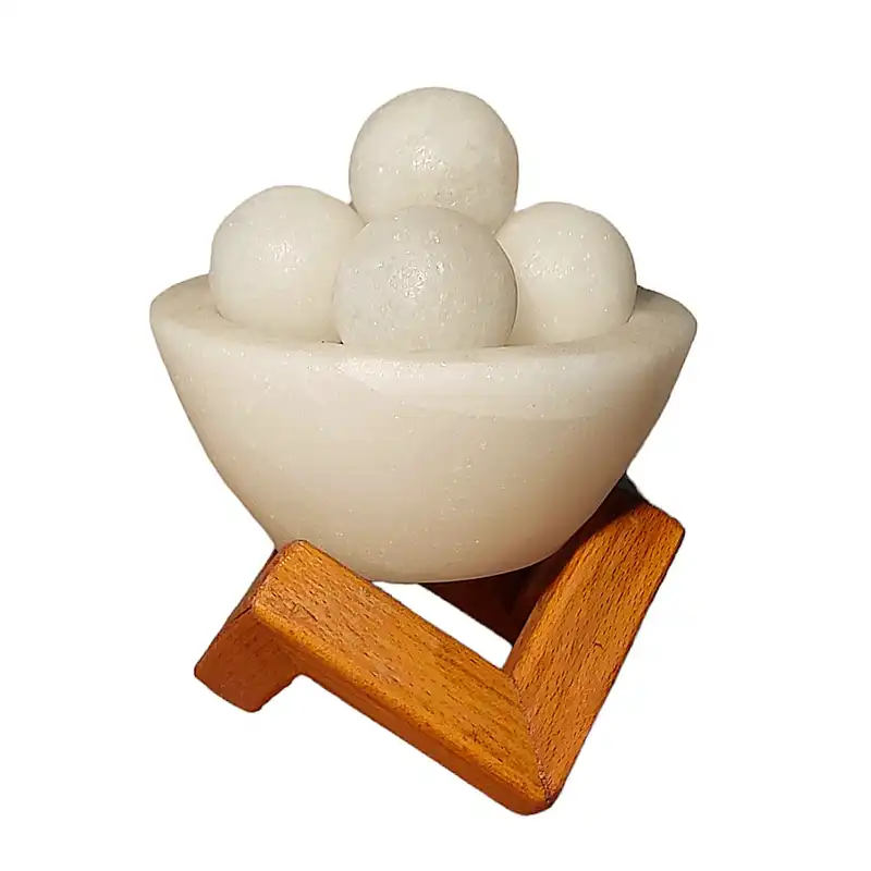 آباژور سنگ نمک مدل کـاسه و گوی طرح پایه چوبی کد 437