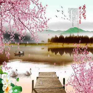 پوستر دیواری سه بعدی مدل منظره دریا قایق پل چوبی شاخه شکوفه DVRF2326