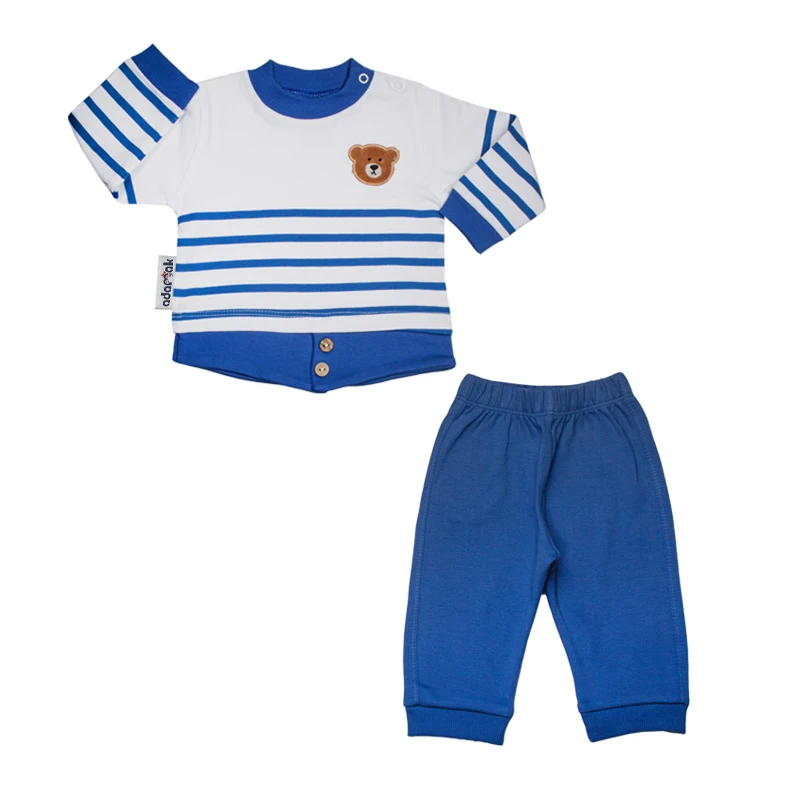 ست تی شرت آستین بلند و شلوار نوزادی آدمک کد 110045 رنگ آبی کاربنی
