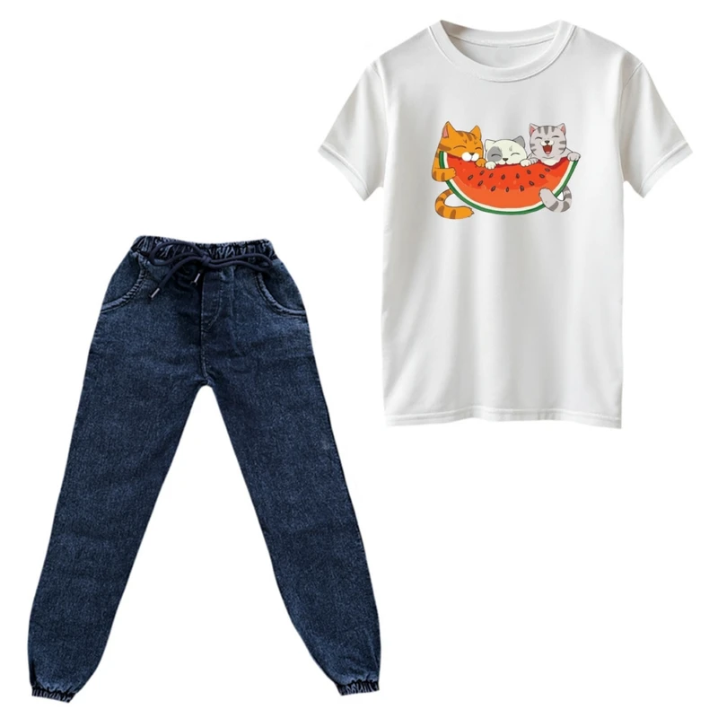 ست تی‌شرت و شلوار پسرانه مدل گربه یلدایی کد 4