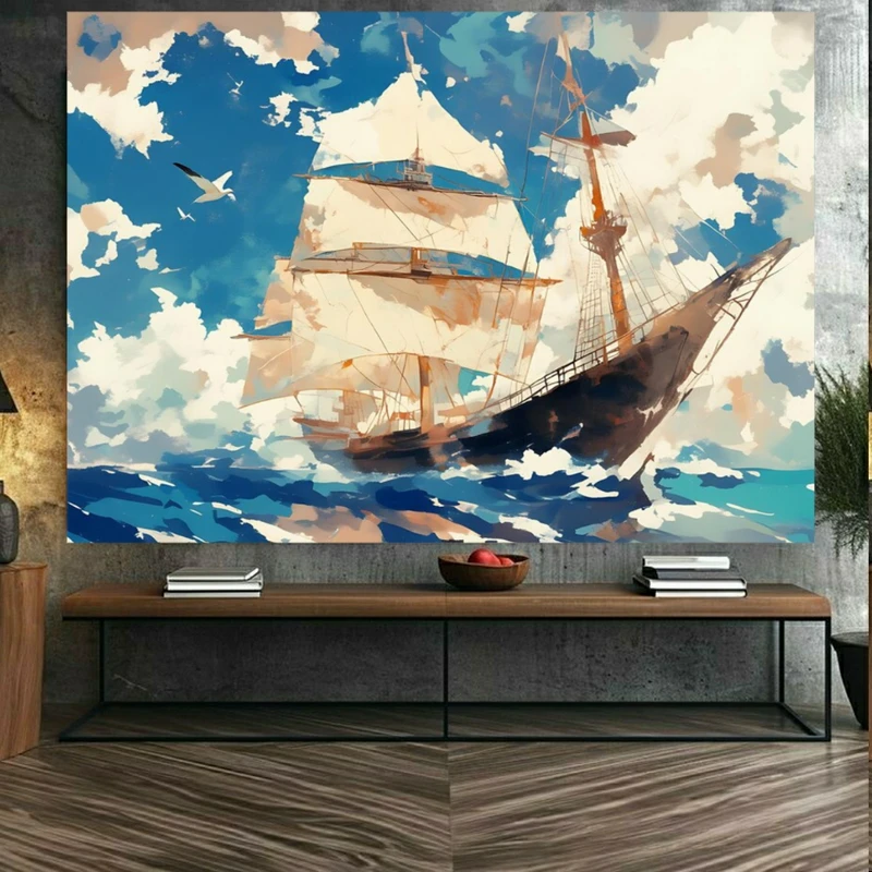 تابلو بوم طرح مخمل نقاشی دریا مدل کشتی کد BK23468
