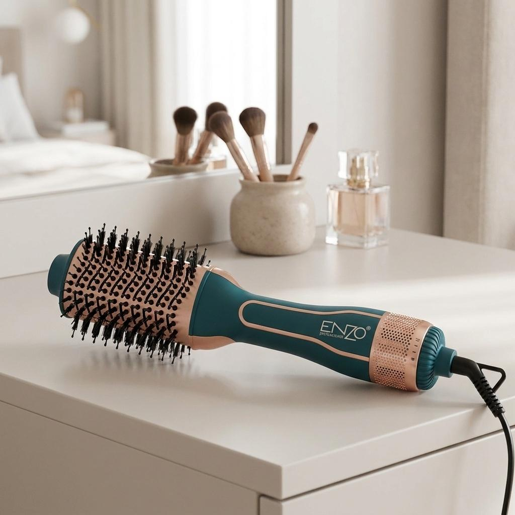 سشوار برس دار حالت دهنده انزو پروفیشینال مدل EN-4112 با توان 1000 وات، موتور DC، برس بزرگ، وزن 1360 گرم و طول سیم 1.8 متر