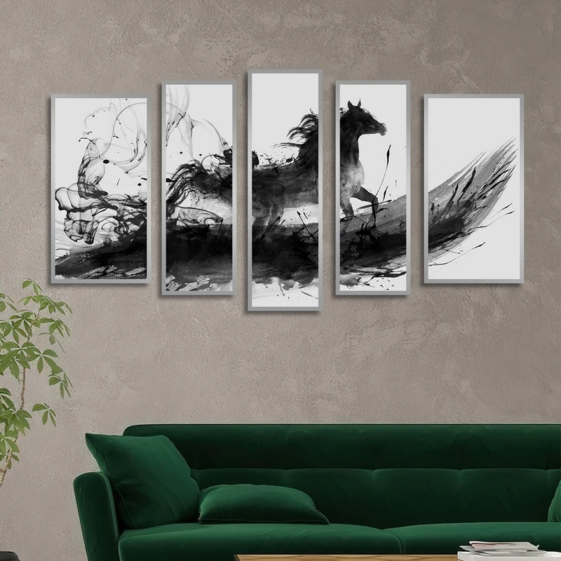 تابلو ساده بکلیت طرح نقاشی اسب سیاه مدل شاین اکلیلی SI-2508 فریم نقره ای مجموعه 5 عددی