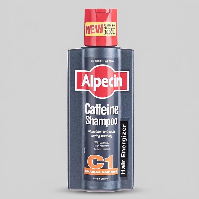 شامپو ضد ریزش مو آلپسین مدل Caffeine C1 حجم 375 میلی‌لیتر، حاوی کراتین و کمپلکس کافئین و نعناع، تقویت‌کننده ریشه مو، افزایش ضخامت و حجم‌دهنده، مناسب برای انواع مو و آقایان