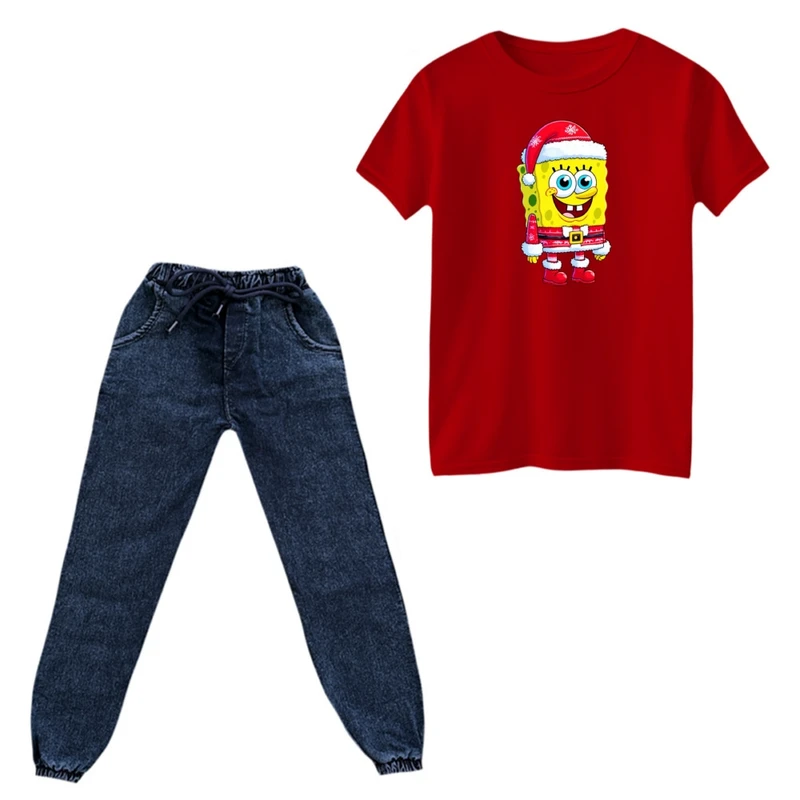 ست تی‌شرت و شلوار پسرانه مدل باب اسفنجی کریسمس کد 2