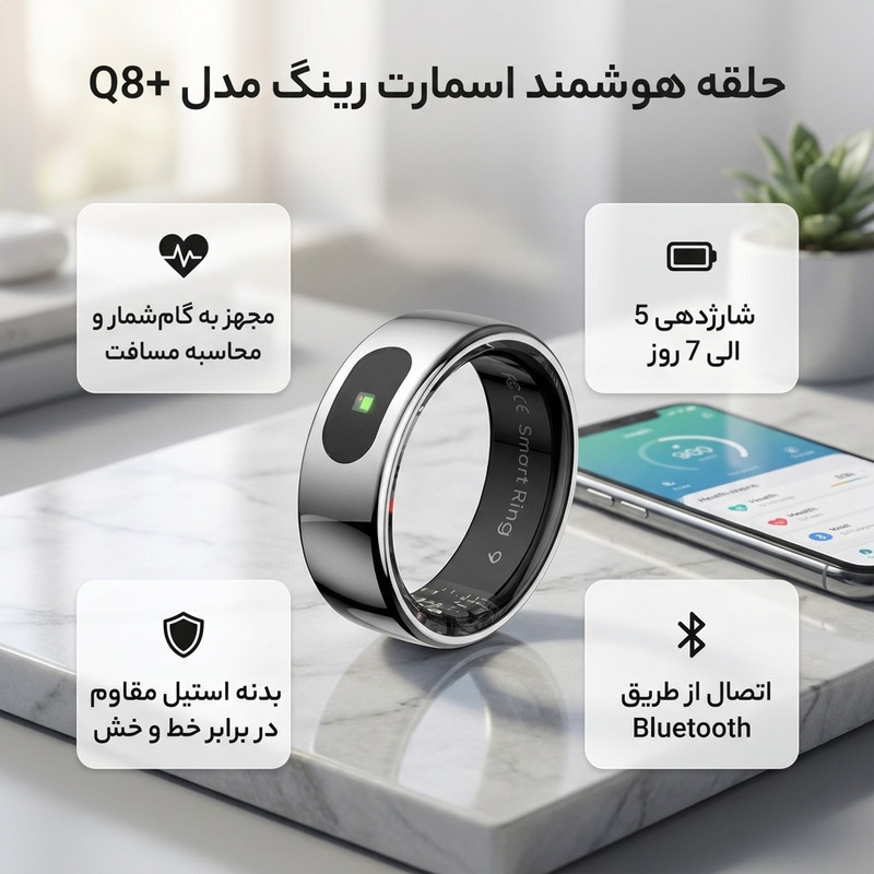 حلقه هوشمند اسمارت رینگ مدل Q8+ رنگ نقره‌ای