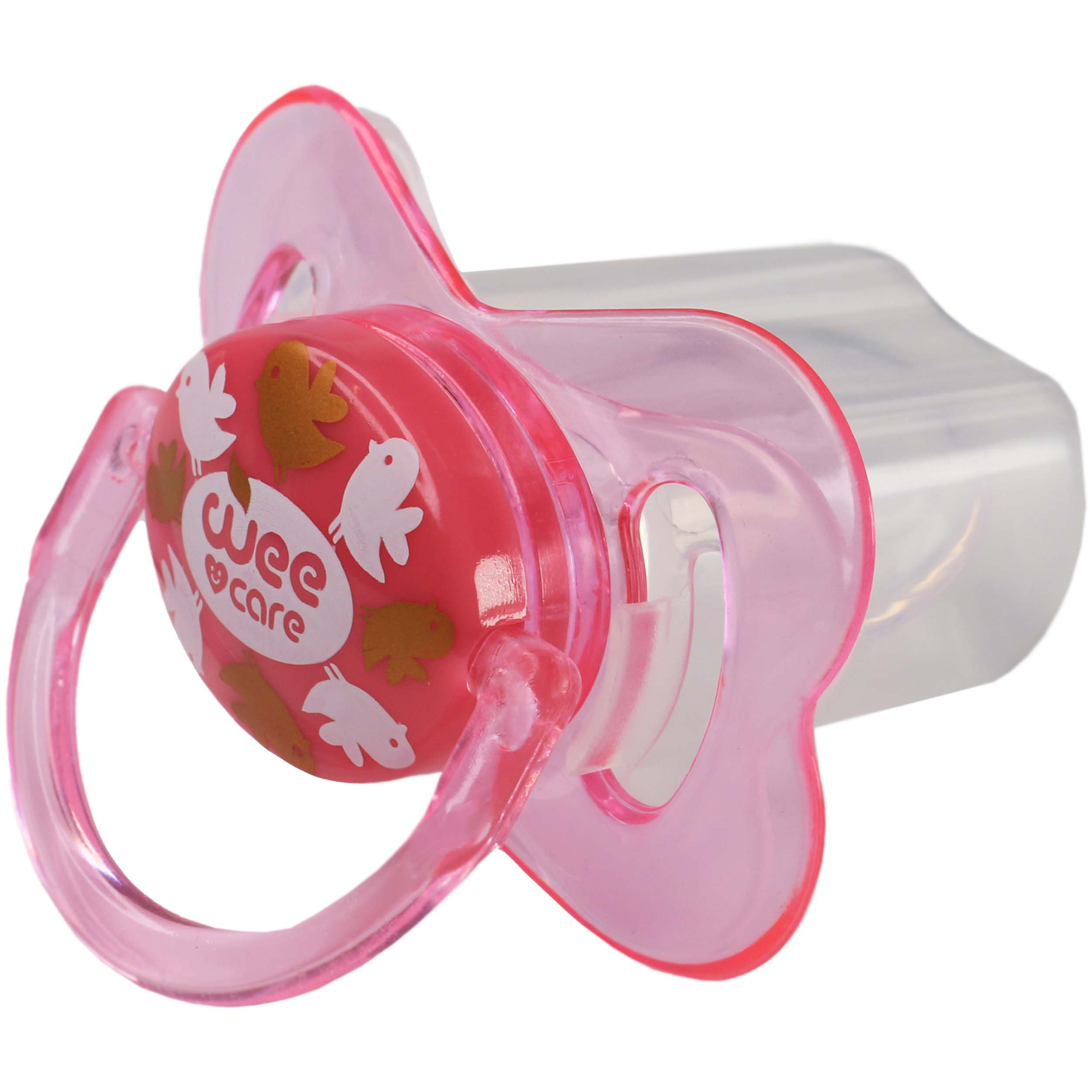 پستانک ارتودنسی وی کر مدل دربدار دسته دار شفاف چاپدار پروانه ای سایز +12 ماه کد P129