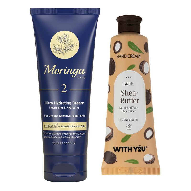 کرم آبرسان مورینگا امو مدل رز هیپ حجم 75 میلی لیتر به همراه کرم مرطوب کننده ویت یو مدل Shea Butter حجم 50 میلی لیتر