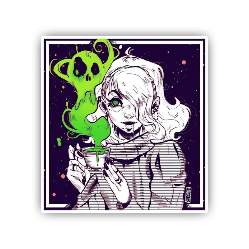 استیکر لپ تاپ و موبایل بووم طرح دختر قهوه خور کد 23