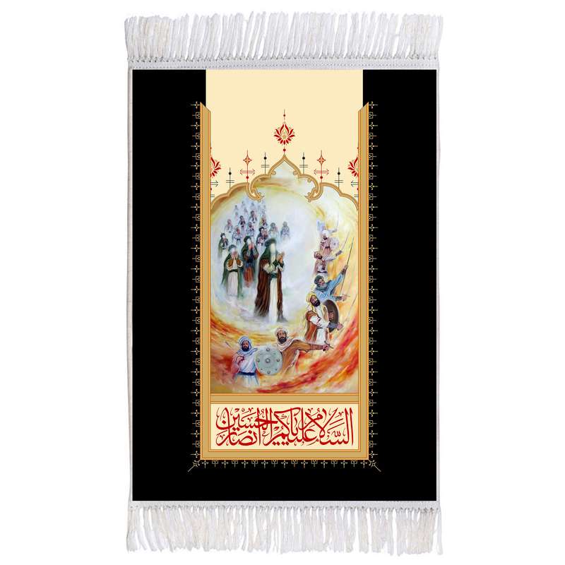 فرش ماشینی دیوارکوب اطلس آبی طرح نماز ظهر عاشورا امام حسین مدل T2280
