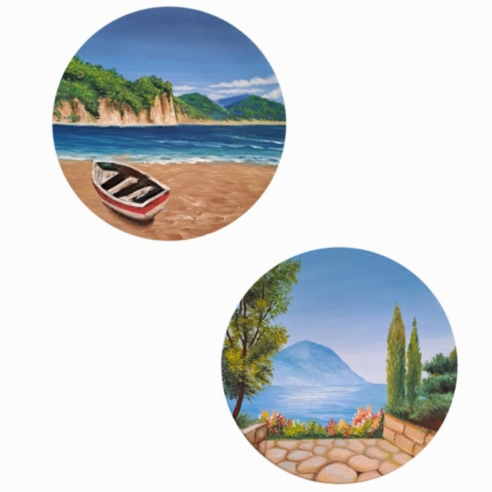 بشقاب دیوارکوب سفالی طرح ساحل دریا مجموعه ۲ عددی 