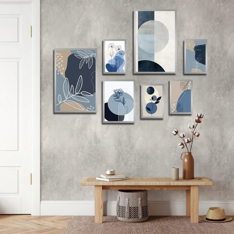 تابلو بکلیت طرح نقاشی مینیمال برگ و خورشید مدل SI-3417 فریم نقره ای مجموعه 7 عددی