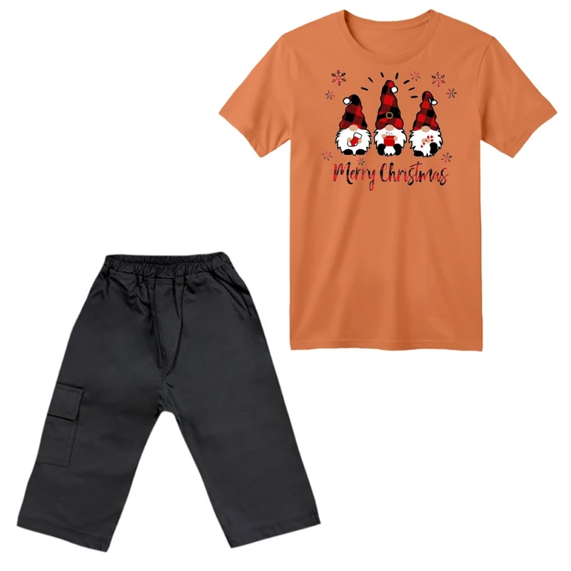 ست تی‌شرت آستین کوتاه و شلوارک پسرانه مدل بابانوئل کریسمس کد 7