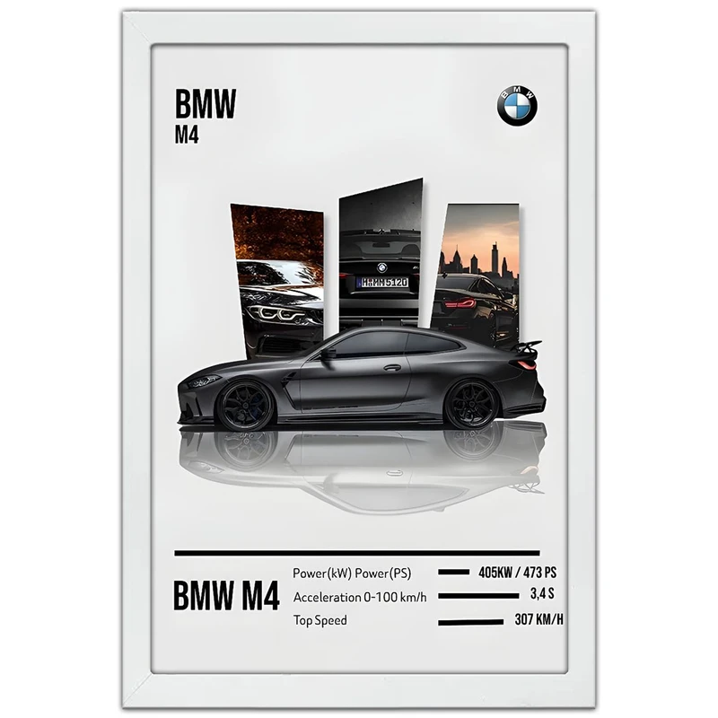 تابلو بکلیت طرح ماشین و خودرو بی ام و BMW M4 مدل W-po1881 فریم سفید