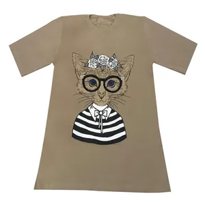 تی شرت لانگ  آستین کوتاه زنانه مدل گربه رنگ کرم