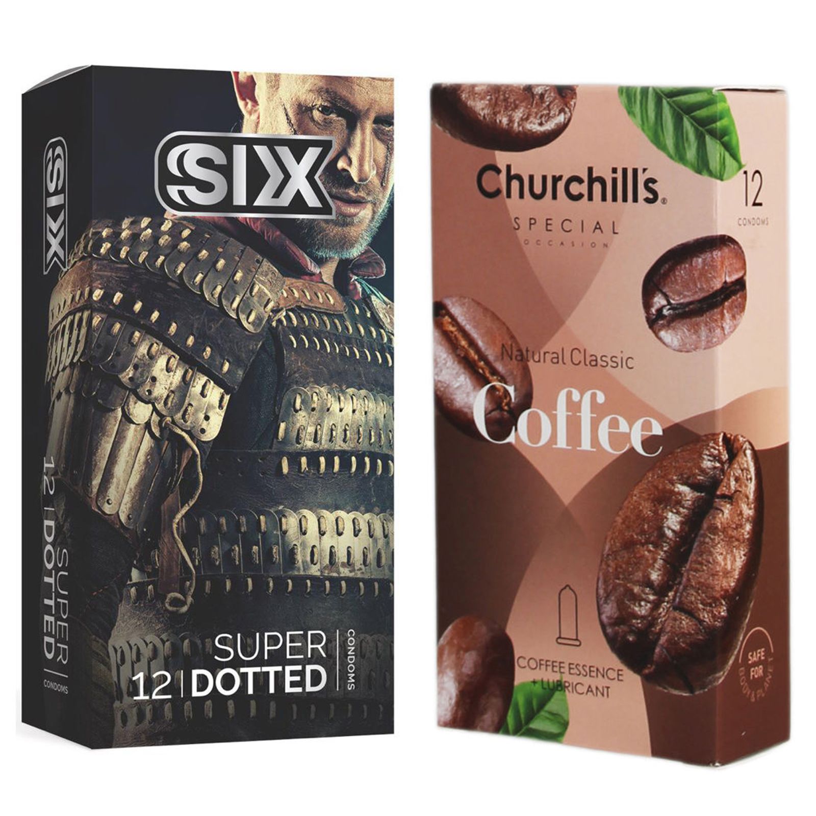 کاندوم چرچیلز مدل Coffee بسته 12 عددی به همراه کاندوم سیکس مدل خاردار بسته 12 عددی