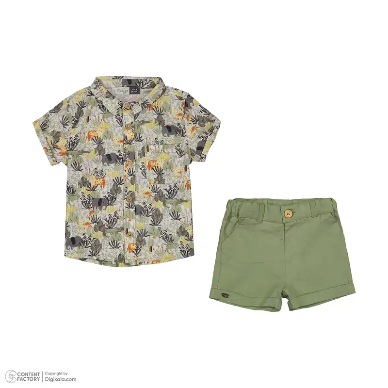 ست پیراهن و شلوارک نوزادی پسرانه ایندیگو مدل 13254 رنگ سبز