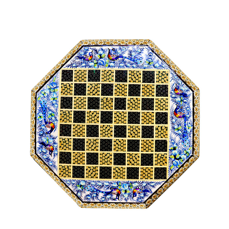 صفحه شطرنج خاتم کاری مدل 8 ضلعی طرح گل و مرغ برجسته کد Octagonal36Bl