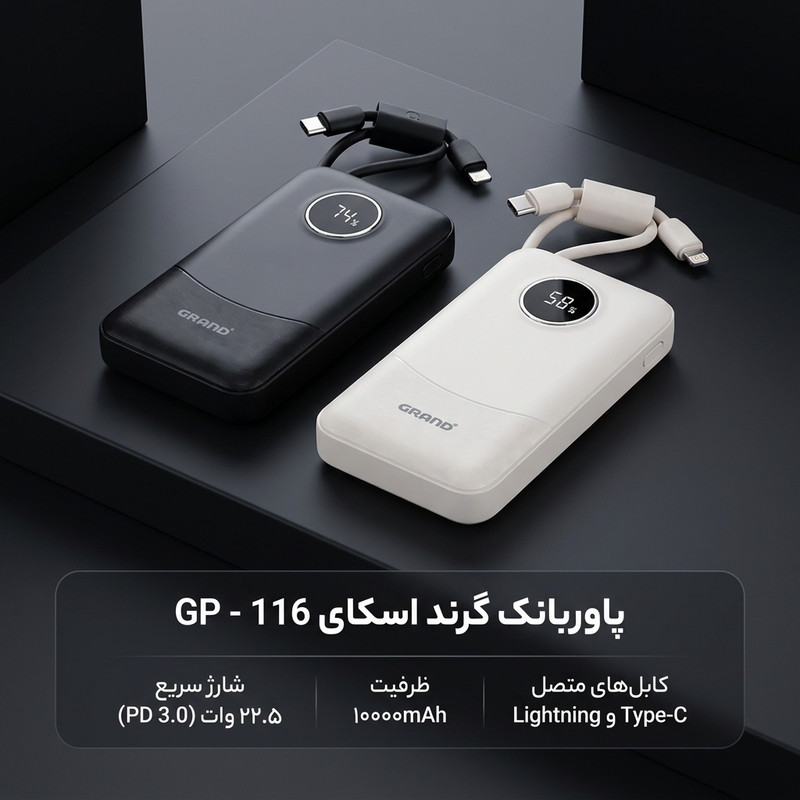 پاوربانک 22.5 وات گرند اسکای مدل GP - 116 با ظرفیت 10000 میلی‌آمپرساعت به همراه دو کابل USB-C / لایتنینگ