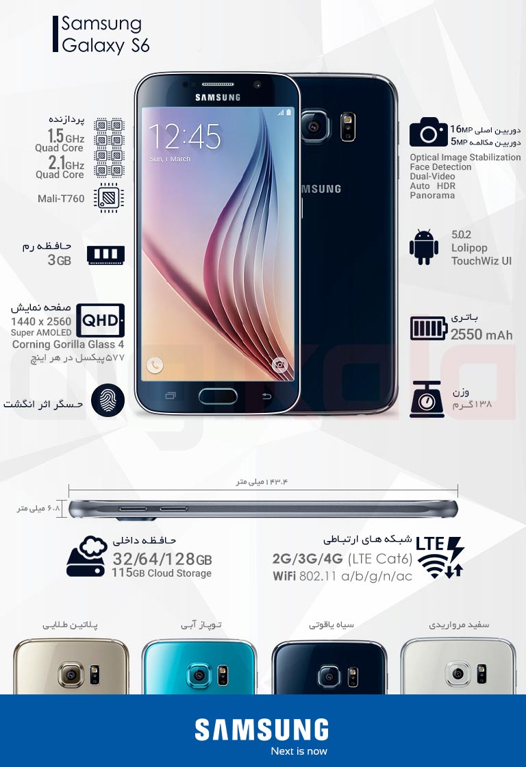 گوشی موبایل تک سیم کارت سامسونگ مدل Galaxy S6 ظرفیت 64 گیگابایت infographic