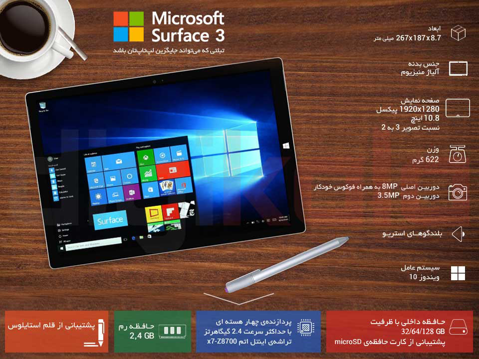 تبلت مایکروسافت مدل Surface 3 ظرفیت 32 گیگابایت infographic