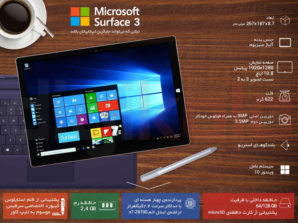 تبلت مایکروسافت مدل  Surface 3 4G - A به همراه کیبورد ظرفیت 128 گیگابایت infographic