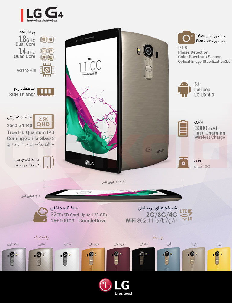 گوشی موبایل ال جی مدل G4 H818P با قاب پشتی پلاستیکی دو سیم کارت - ظرفیت 32 گیگابایت infographic