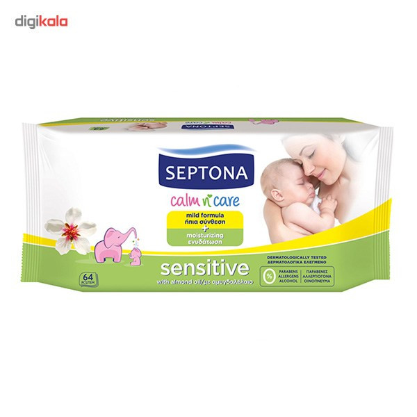 دستمال مرطوب سپتونا مدل Sensitive سری عصاره بادام بسته 64 عددی