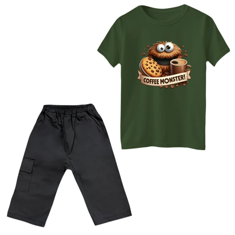 ست تی‌شرت و شلوارک پسرانه مدل قهوه و هیولا