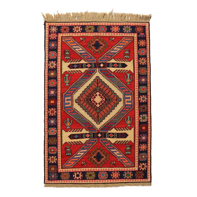 گلیم دستبافت یک و نیم متری مدل ورنی زمینه قرمز کد 40404881