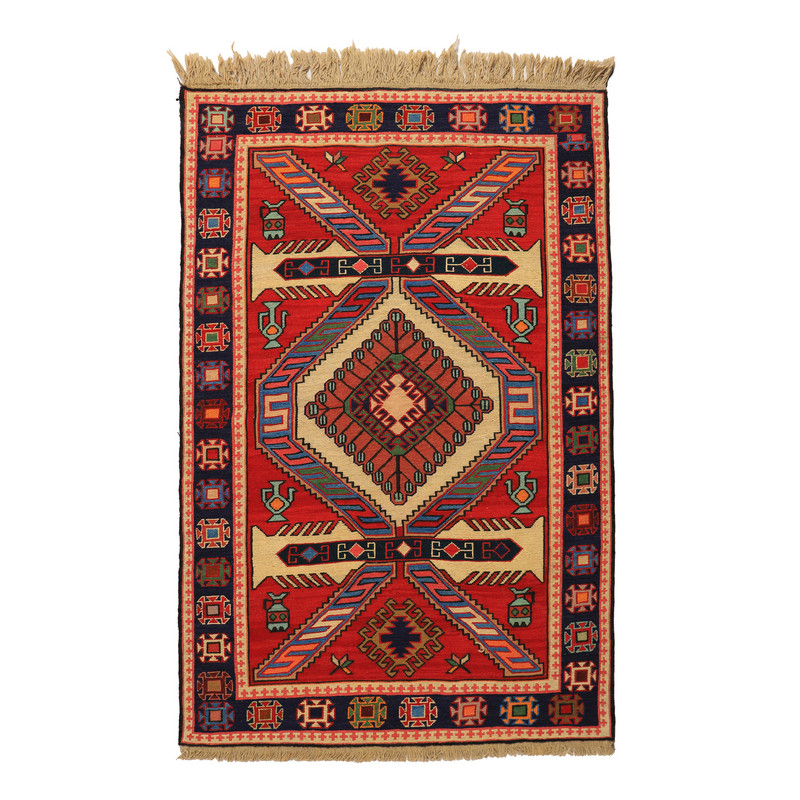 گلیم دستبافت یک و نیم متری مدل ورنی زمینه قرمز کد 40404881